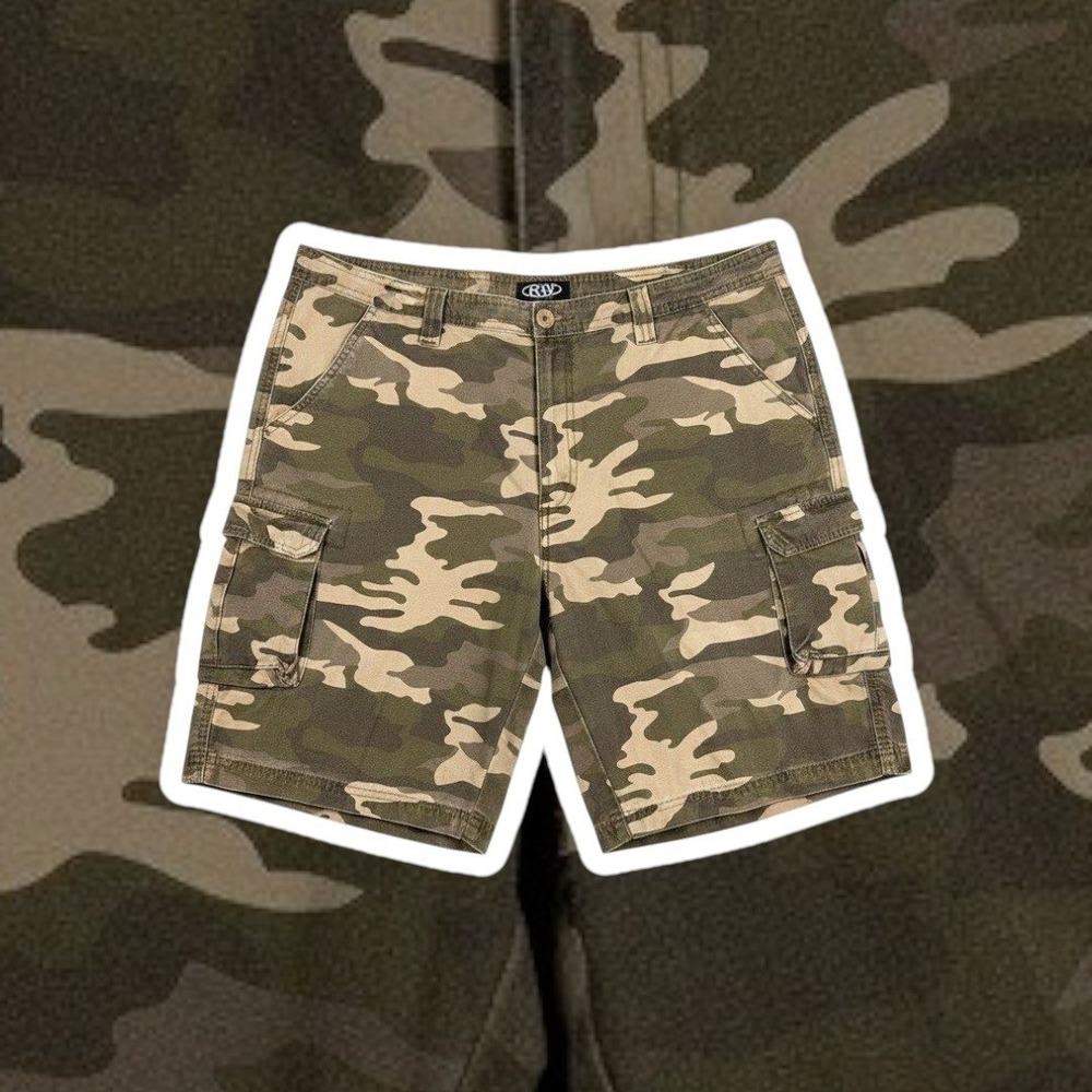 Rugged Wear Mens 38 Camo Cargo Shorts Green Brown 100% Cotton Camouflage RN20849